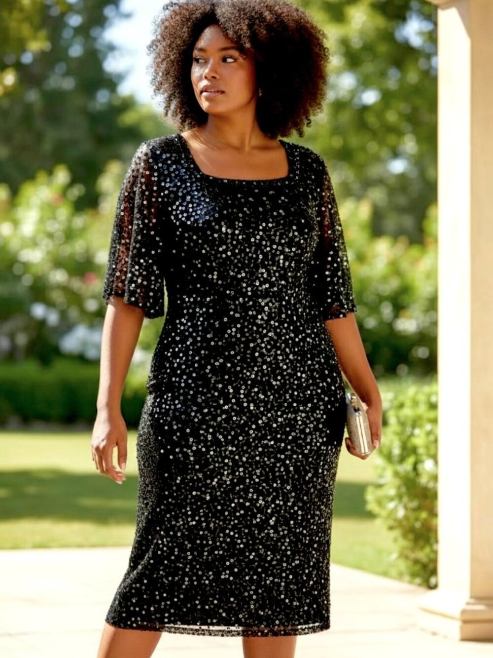 Vintage A.J. Bari Black Embellished Square Neck S/S Formal Dress Size 22 GUC